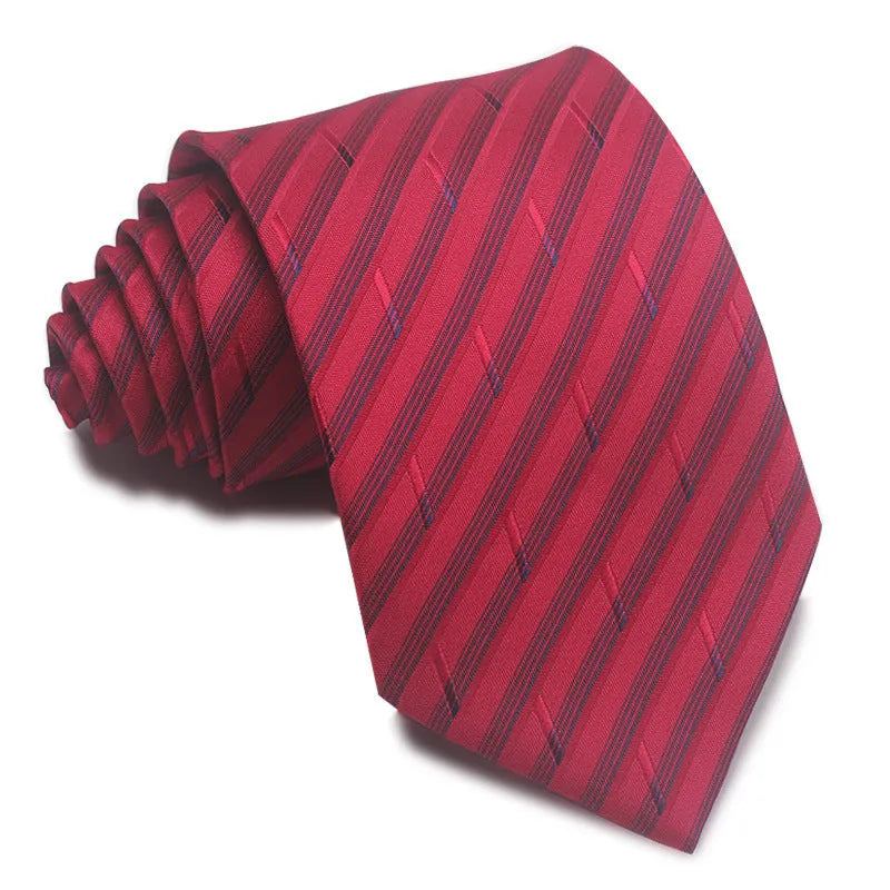 Close-up of a red, black, and blue striped men's formal tie with a textured Jacquard weave.