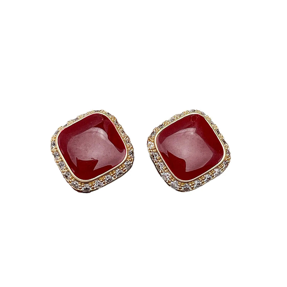 Retro red colour geometric square alloy earrings for women with inlaid design