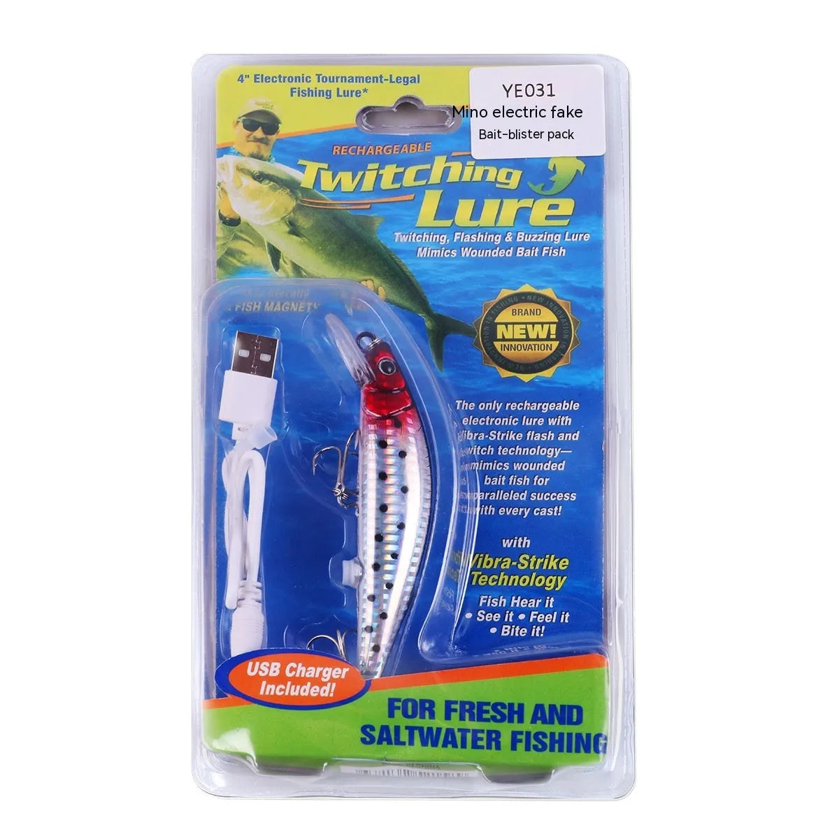 Floating electric USB fishing bait lamp with colourful lights and included USB charging cable.