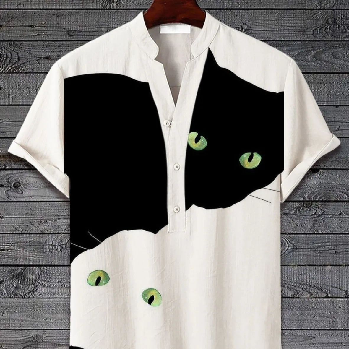 3D digital animal pattern short sleeve shirt on a hanger, showing the print detail.