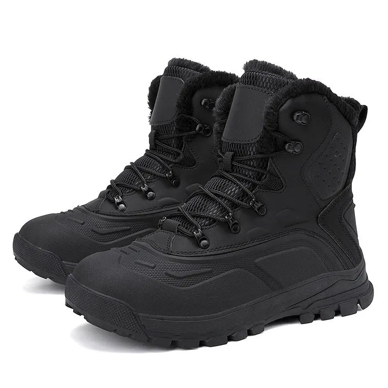 Men's black high-top winter boots with fleece lining and lace-up front on a flat sole.
