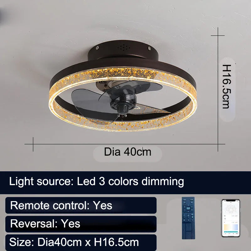 Nordic style ceiling fan lamp with remote control and LED lighting in coffee gold finish