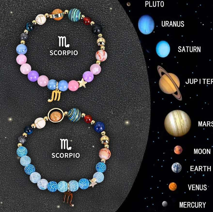 Natural stone beaded bracelets for the twelve zodiac signs laid out in a set.
