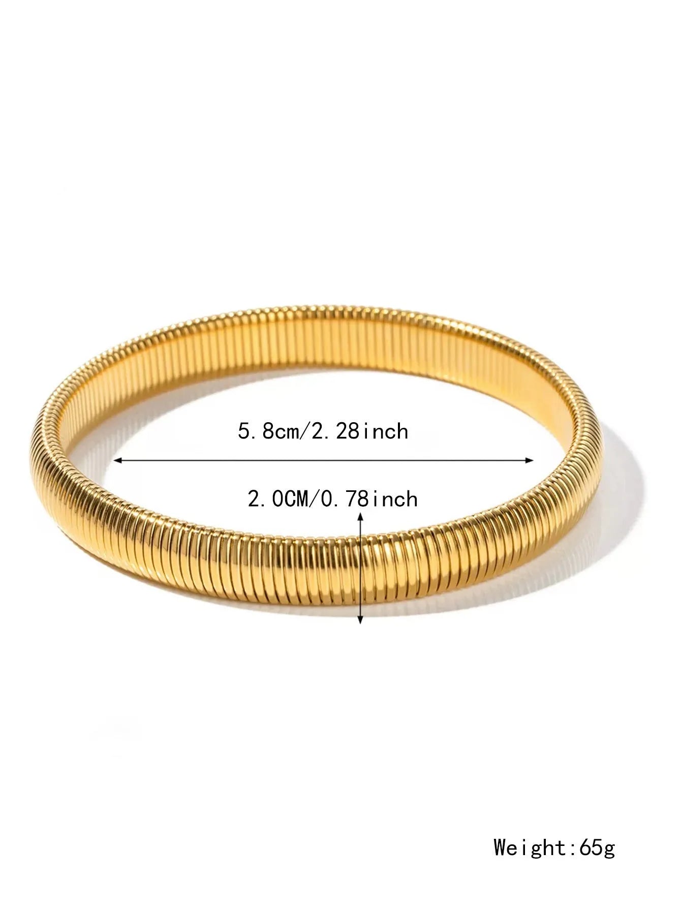 Gold titanium steel women's bracelet with elastic band and vertical stripe ring pattern, shown at 2cm width.