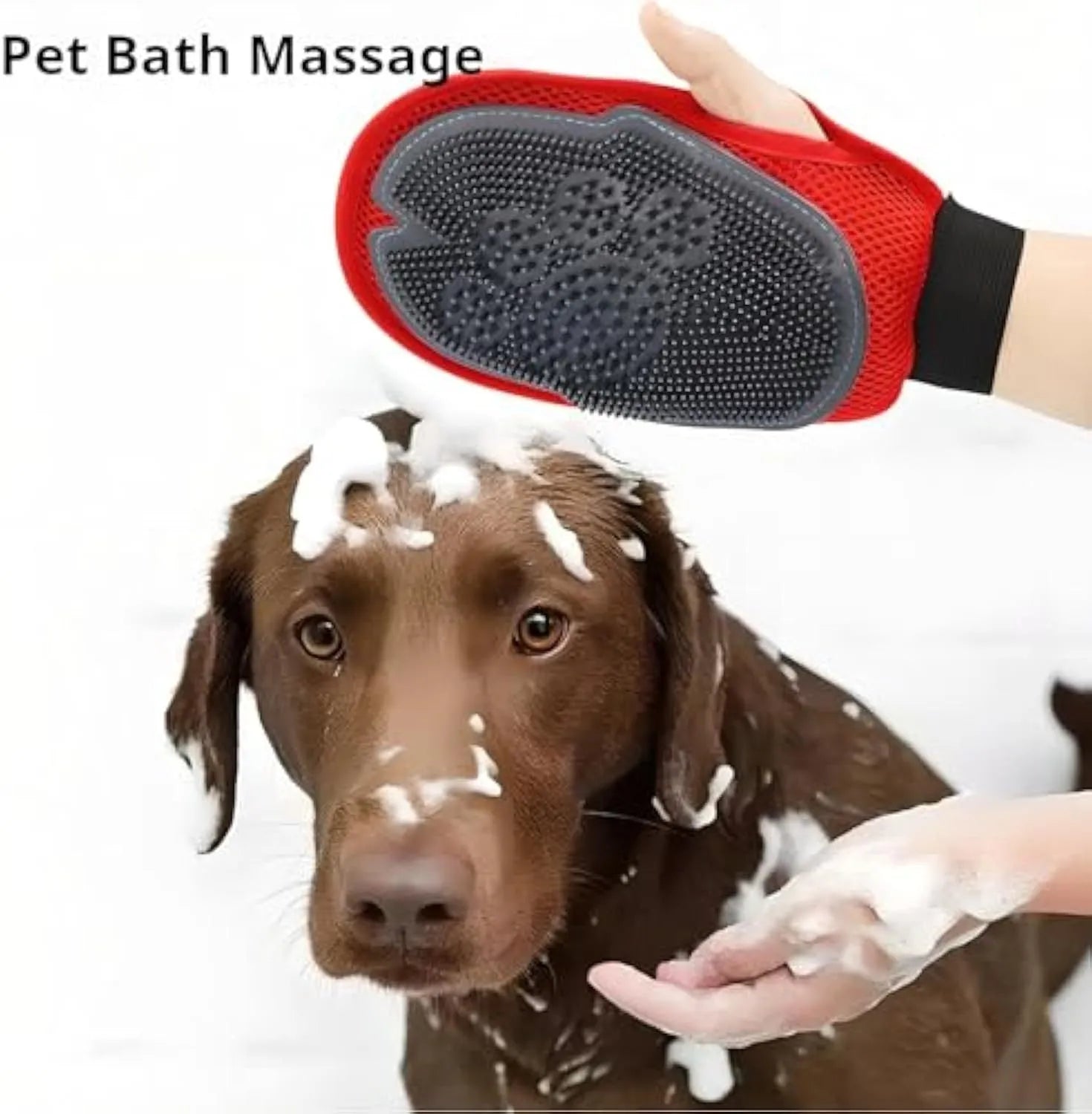 Red pet bathing glove with integrated brush design for dog and cat grooming during bath time