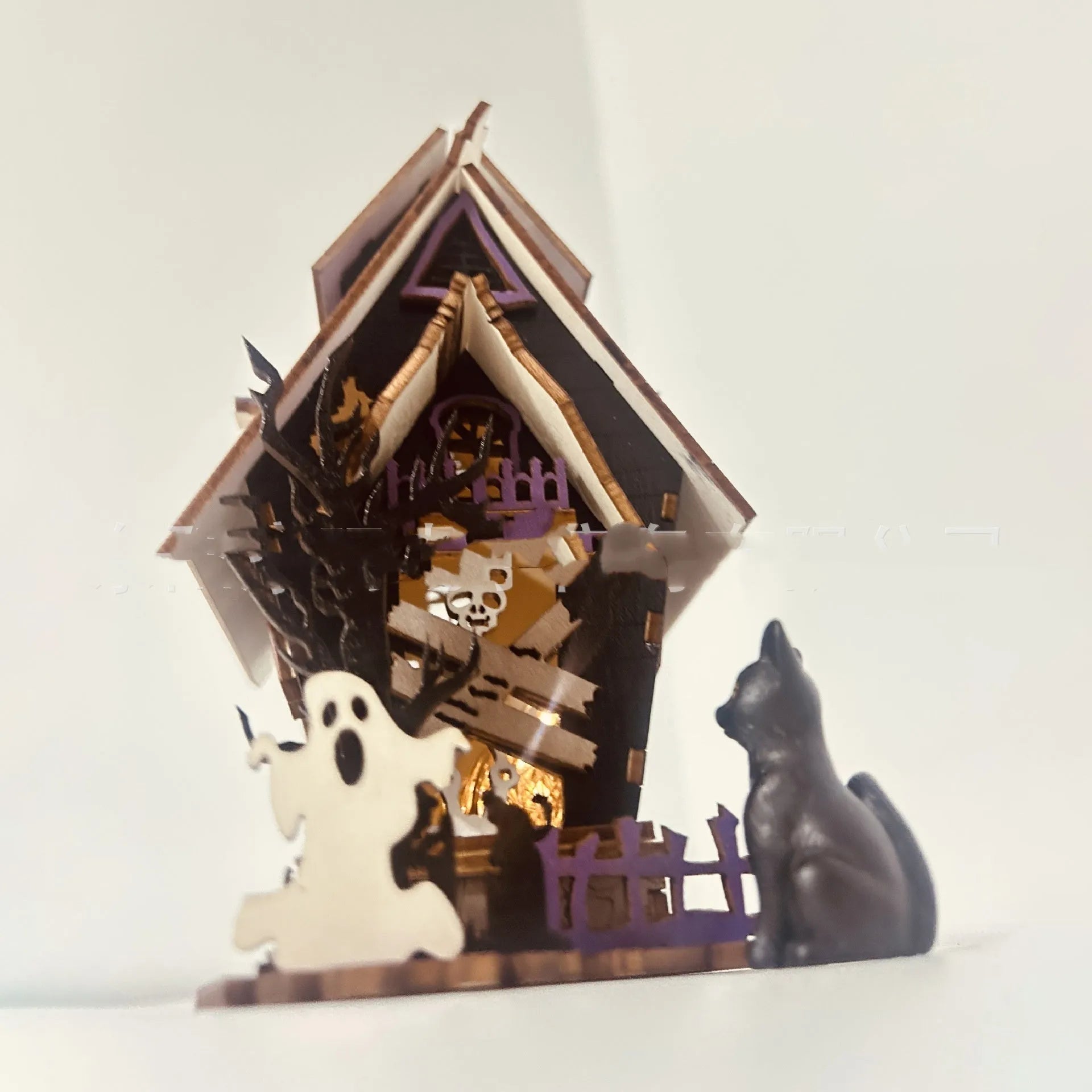 Wooden DIY glowing haunted house Halloween table decoration with candlestick holder function