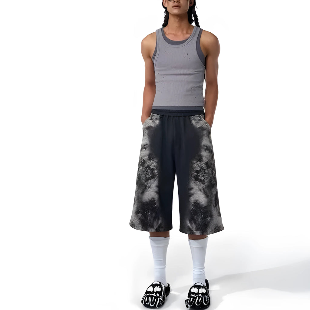 Loose street trend trousers set with hoodie and seven-inch shorts in printed collage stitching