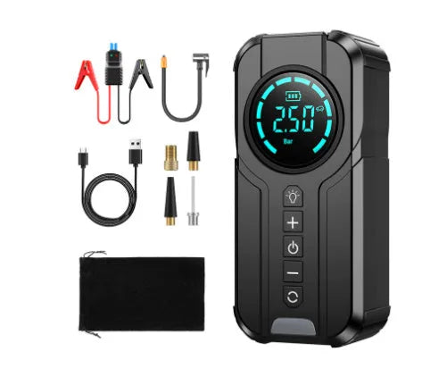 Black wireless portable car air pump with digital display, 6000mAh battery, and accessories including nozzles and power cord on a grey background.