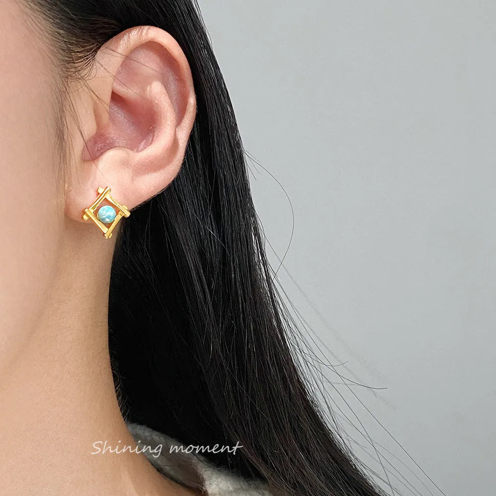 Geometric cross quadrangle stud earrings in 925 silver with two plating options