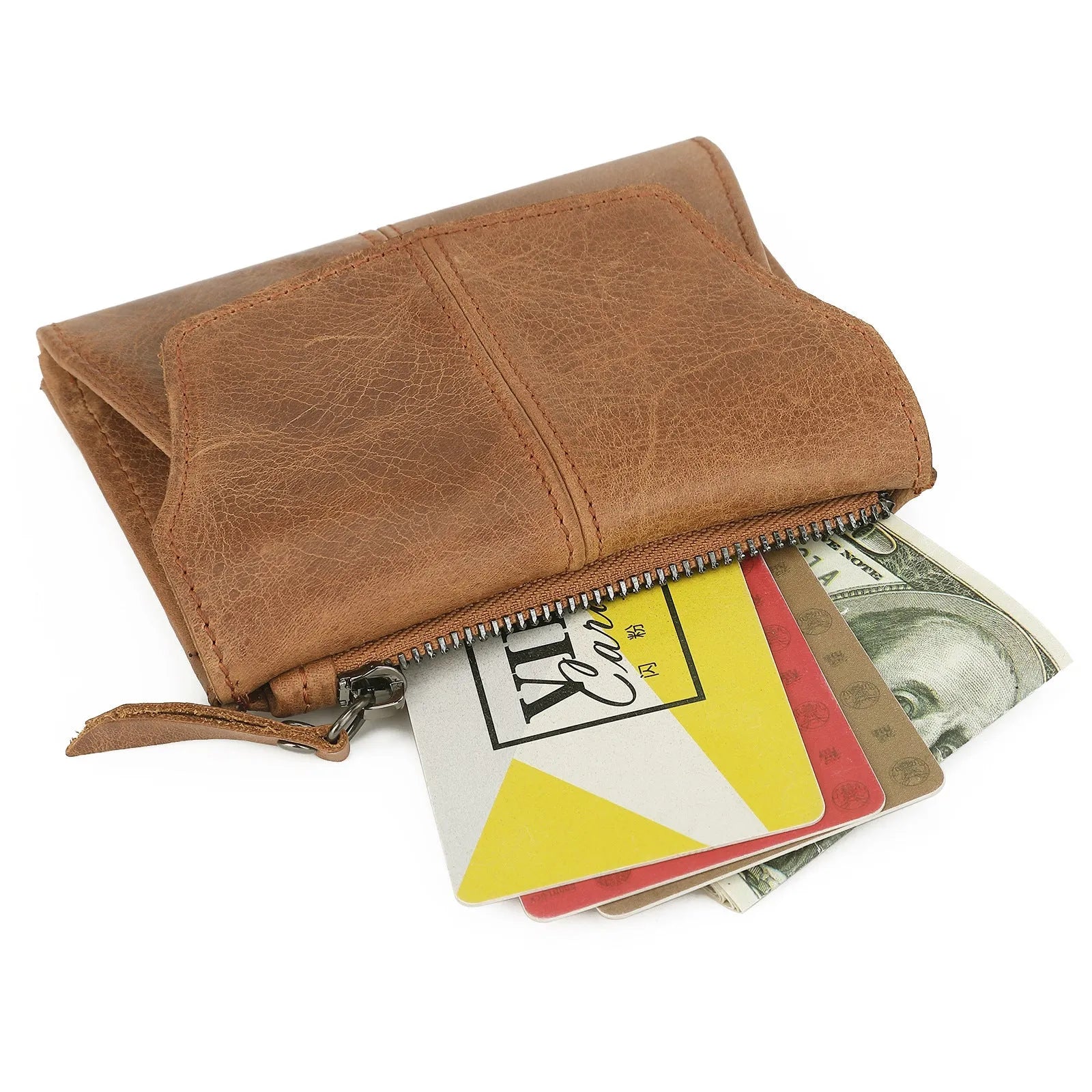 Genuine cowhide leather coin purse with stitching details in European Retro style