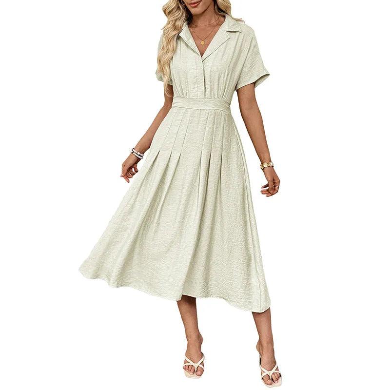 Light green women's lapel collar shirt dress with waist-tight skirt and pockets