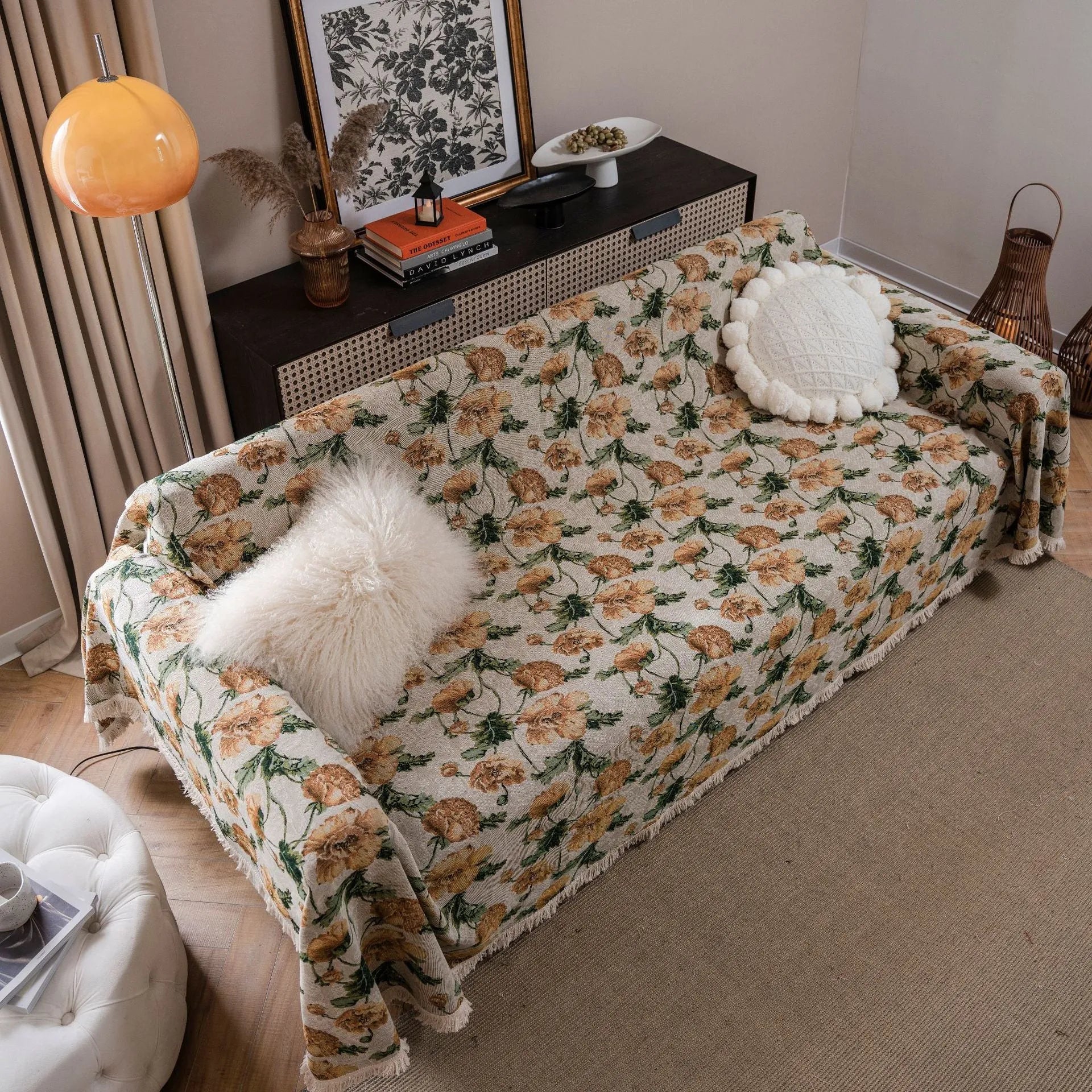 Thick jacquard floral sofa cover in American country style, showing detailed cherry flower pattern on white background.