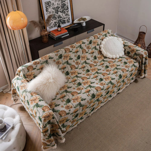 Thick jacquard floral sofa cover in American country style, showing detailed cherry flower pattern on white background.