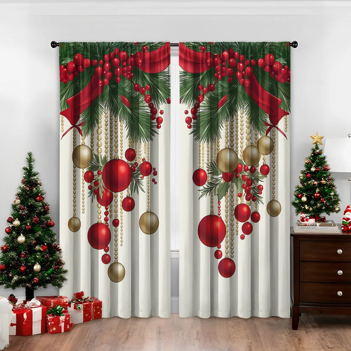 3D digitally printed modern Christmas curtain in a polyester fabric, showing one of fifteen available design styles.