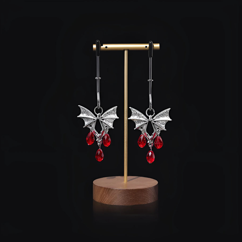 Silver alloy bat nipple clamp and adjustable clitoral clip set with ruby bat design