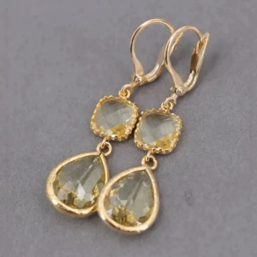 Gold retro geometric crystal long fringe earrings with water droplet design on copper with electroplated finish