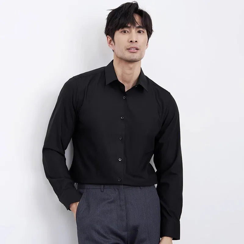 Men's wine red slim fit long sleeve shirt with a cardigan style and non-iron fabric.