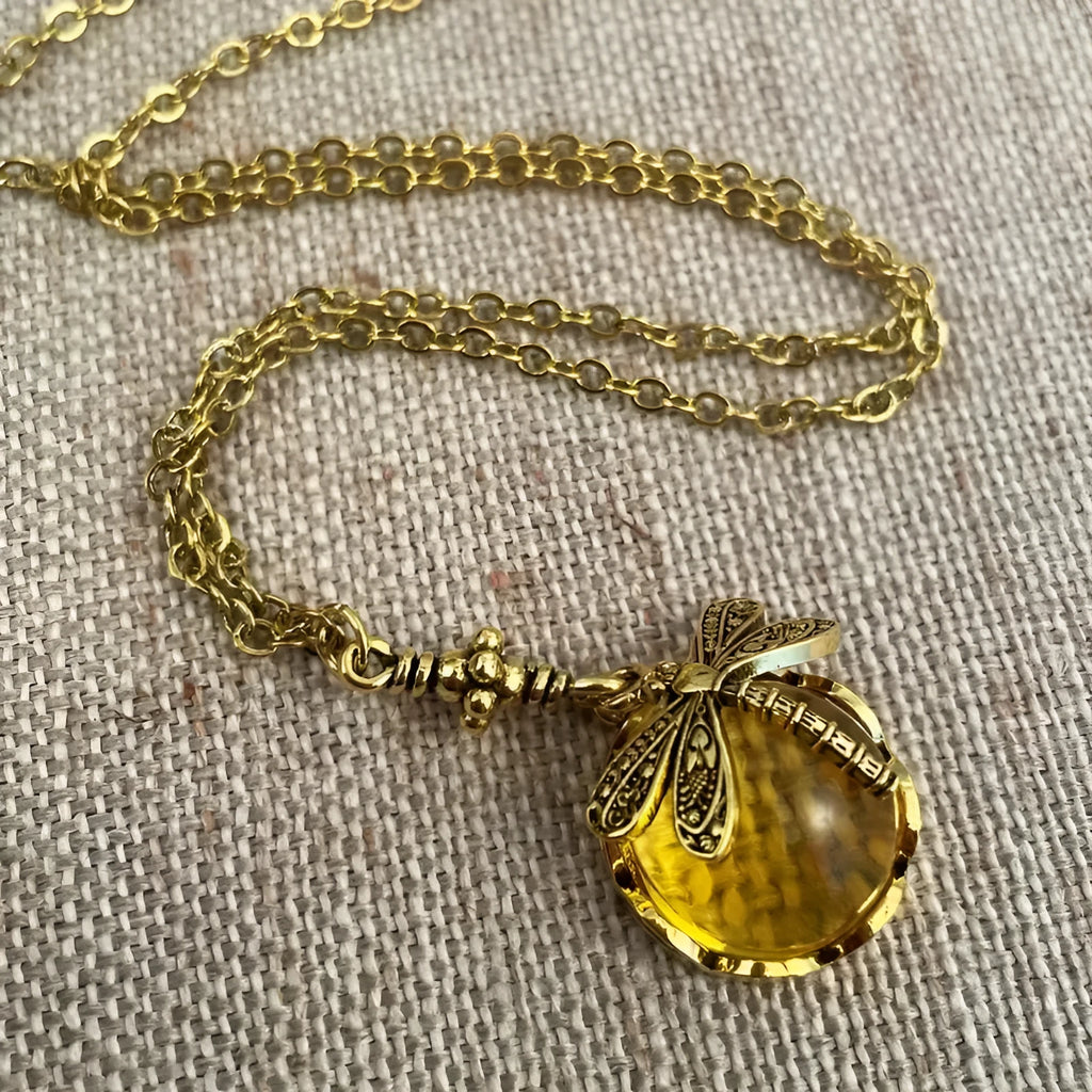Vintage bronze hand carved dragonfly pendant necklace with 925 silver and yellow colour