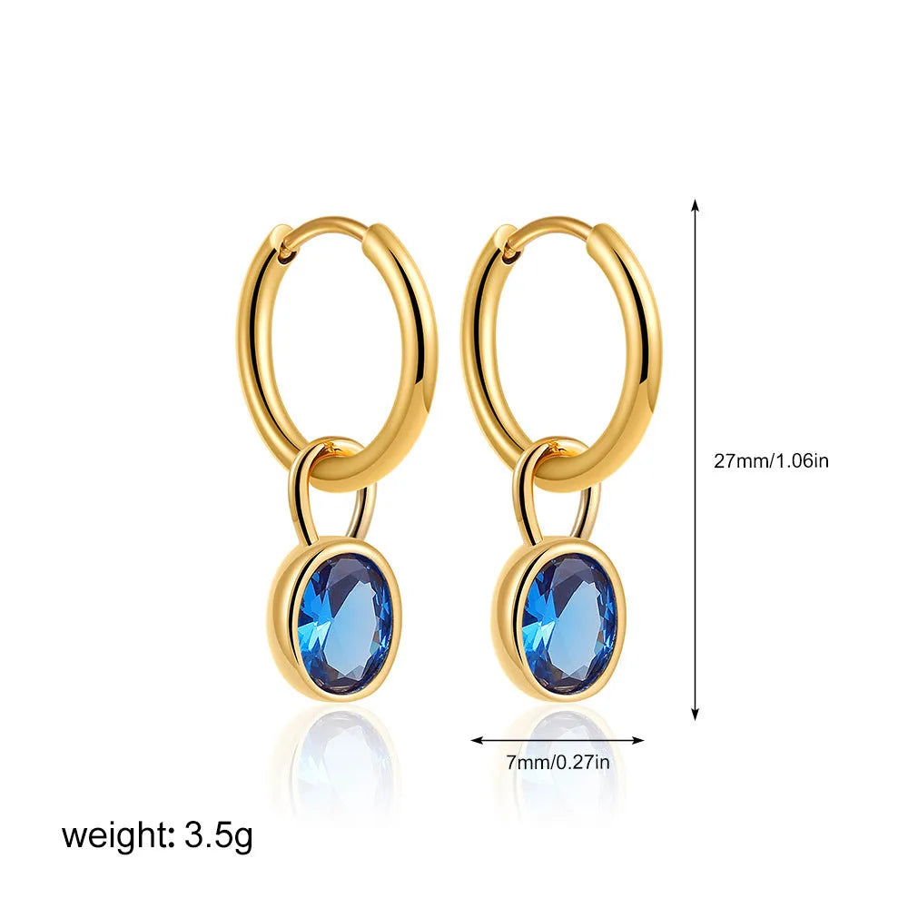 Women's oval zircon earrings in retro copper setting, showing colour options: white, emerald, green, black, red, blue.