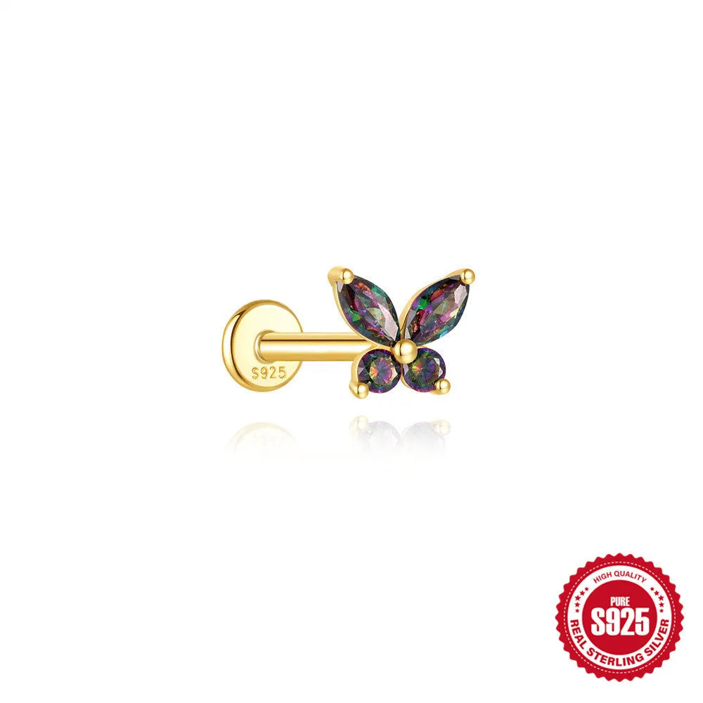 S925 sterling silver geometric flat head earring with a shiny rainbow stone on an alloy backing.