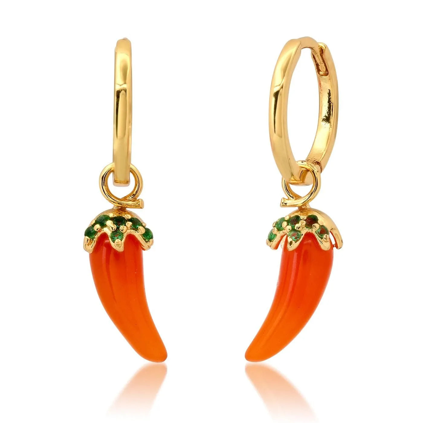 Gold plated copper earrings with colourful fruit and vegetable designs including carrot, lemon, and blueberry styles.