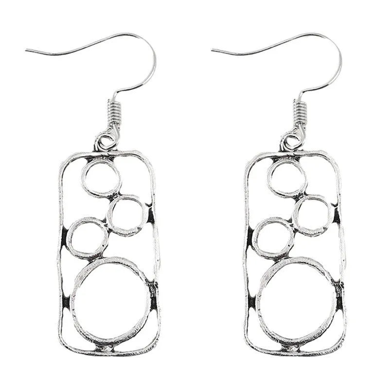 Geometric alloy earrings with round ring design and irregular square shape in antique silver colour