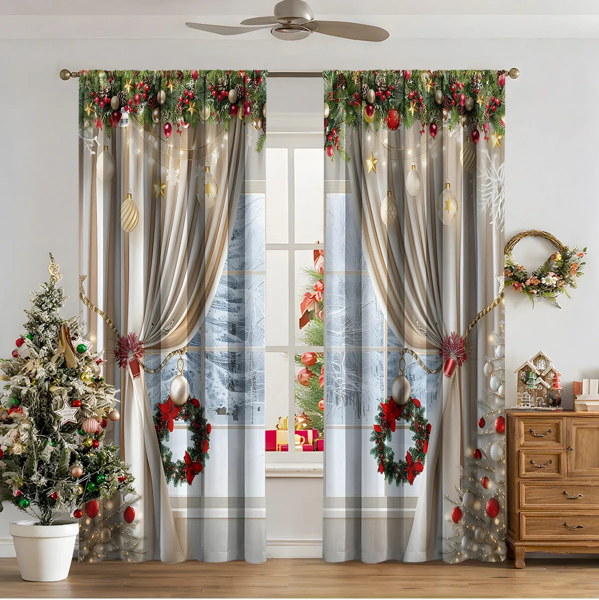 3D digitally printed modern Christmas curtain in a polyester fabric, showing one of fifteen available design styles.