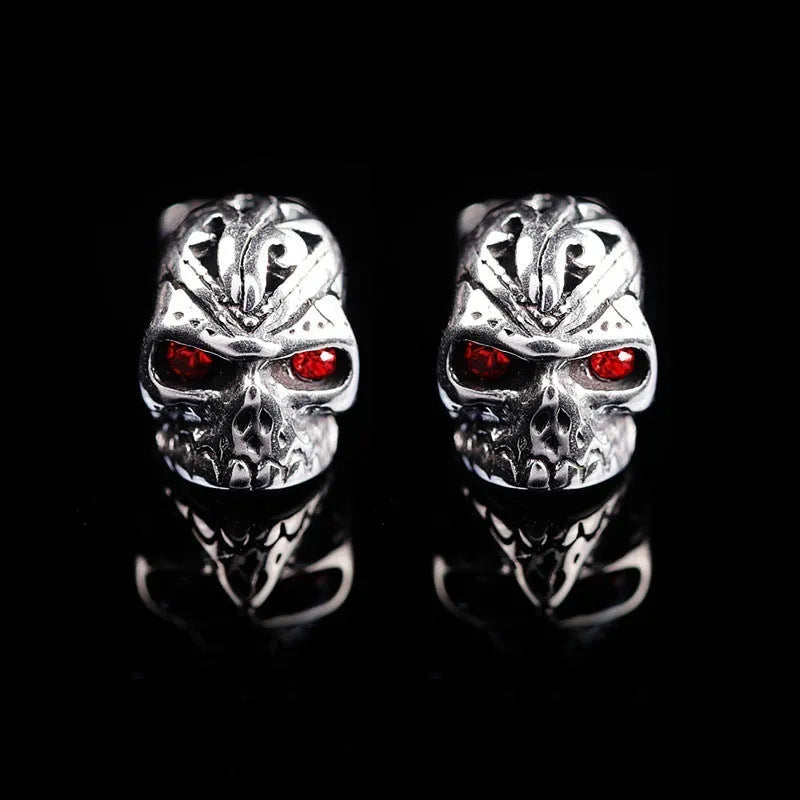 Retro skull stud earrings with red eye ghost head design and alloy artificial gemstone inlay