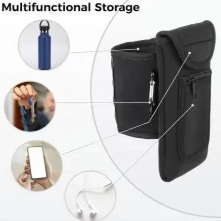 Fitness magnetic cup sleeve in grey with carabiner buckle, holding a large black sports water bottle.