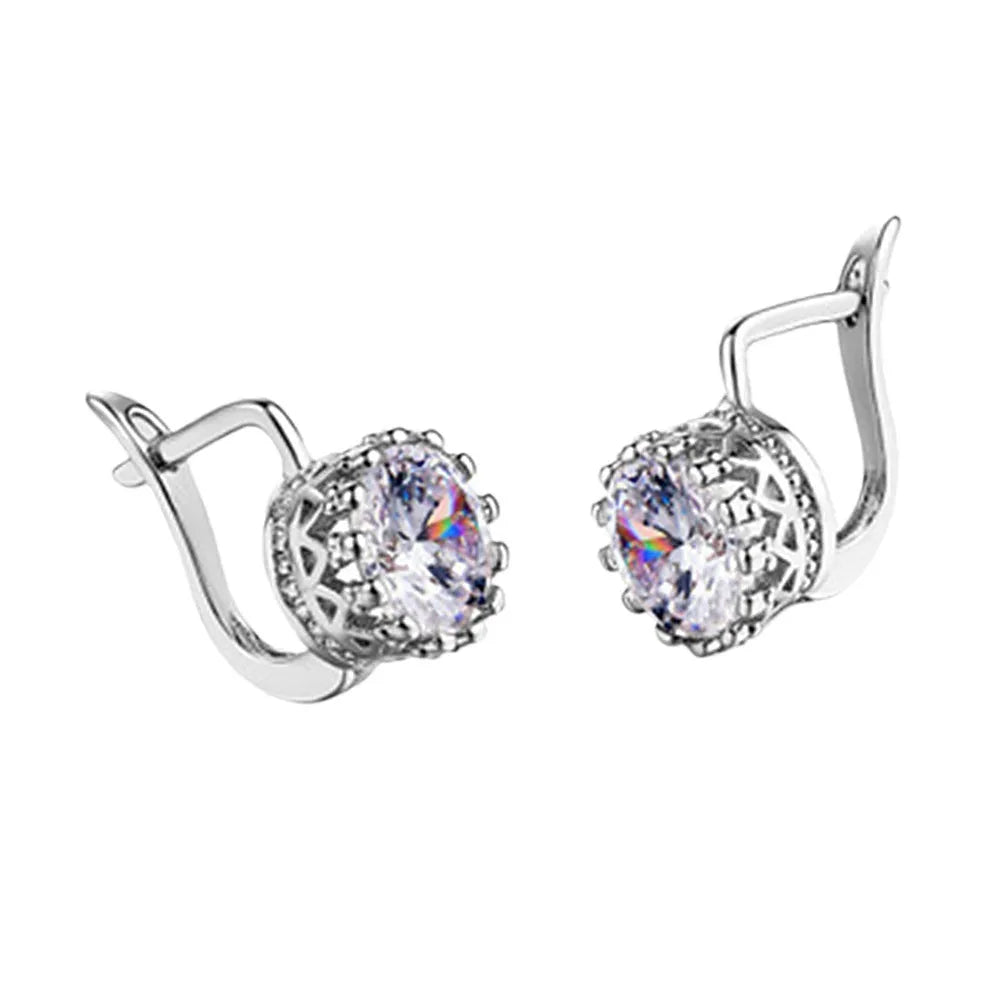 Korean retro crown-shaped clip earrings with white diamond accents in rose gold or white gold colour
