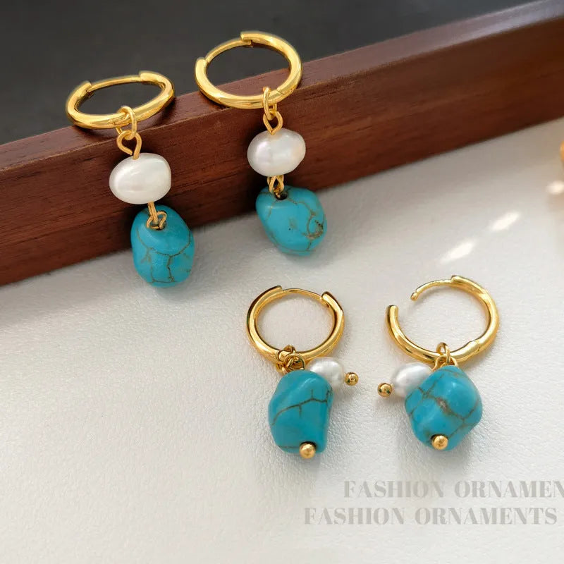 Turquoise and cultured pearl ear clip earrings in irregular geometric shape, shown in both short and long dangle styles