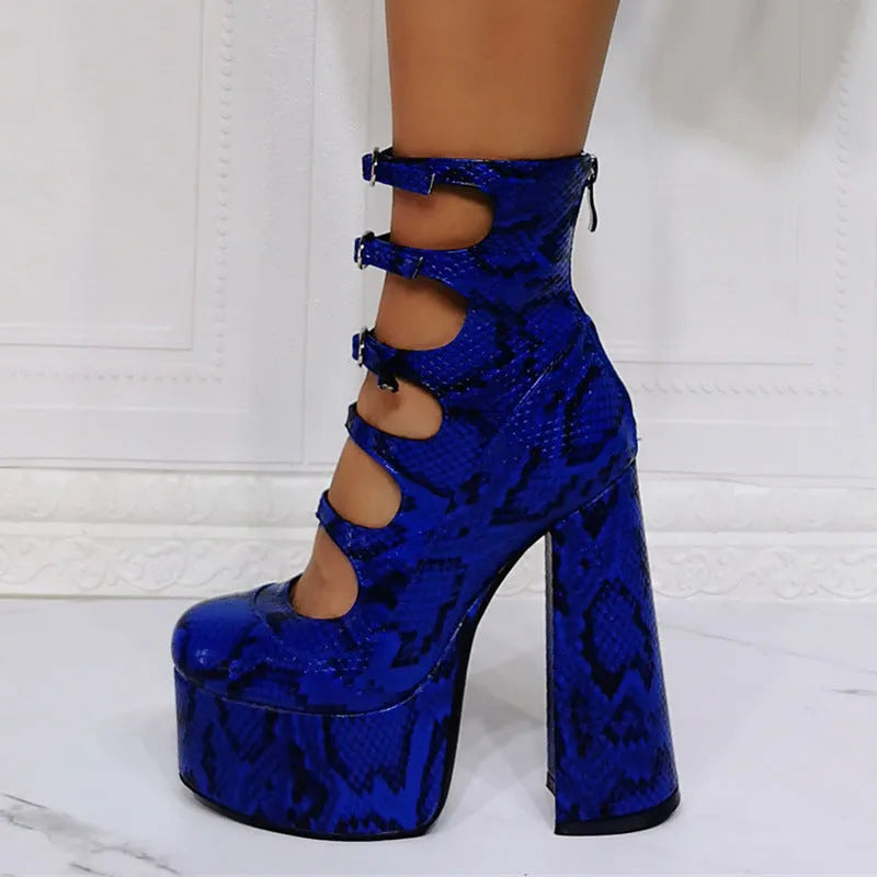 Black waterproof patent leather women's platform high heels with a thick heel and ankle buckle strap.