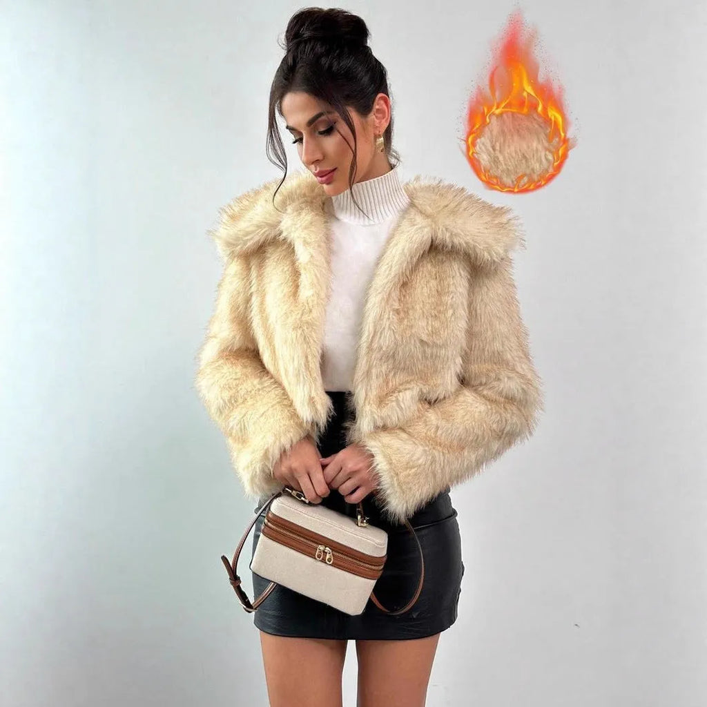 Artificial fox fur fashion coat with fur collar, shown in short length and available in multiple colours.