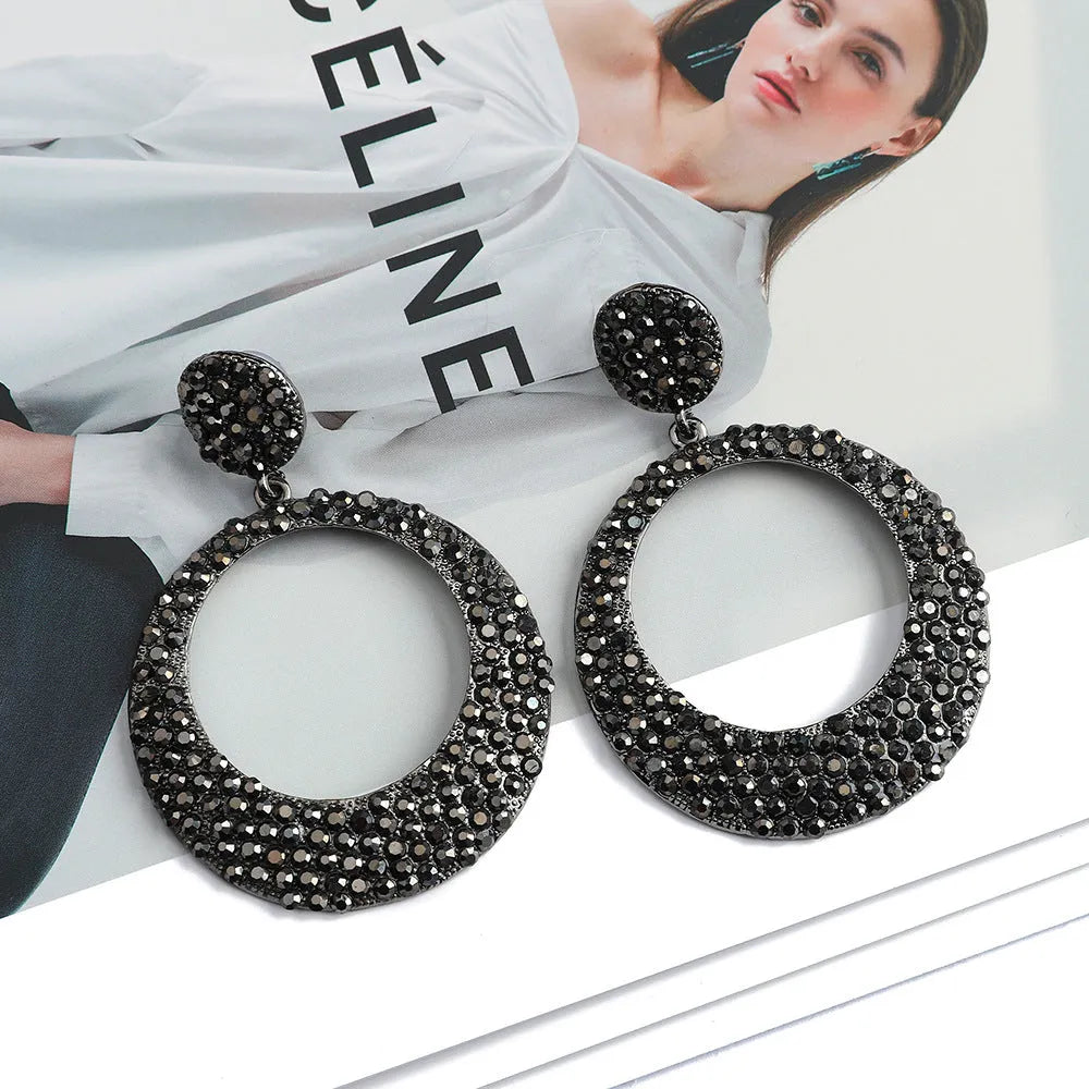 Colourful large pendant alloy earrings with metal diamond round design in European fashion style