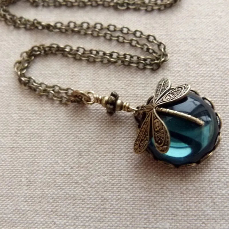 Vintage bronze hand carved dragonfly pendant necklace with 925 silver and yellow colour