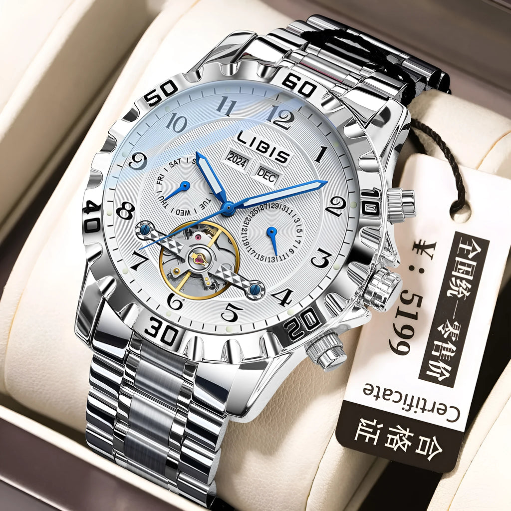 Men's silver stainless steel automatic perpetual calendar mechanical watch with business styling