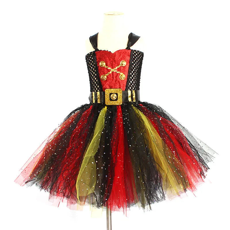 Girls sleeveless pirate dress costume with sequins, mesh, and lace detailing.