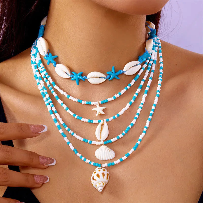 Multi-layer women's necklace set with starfish, shell and conch beads on adjustable 21-50cm perimeter