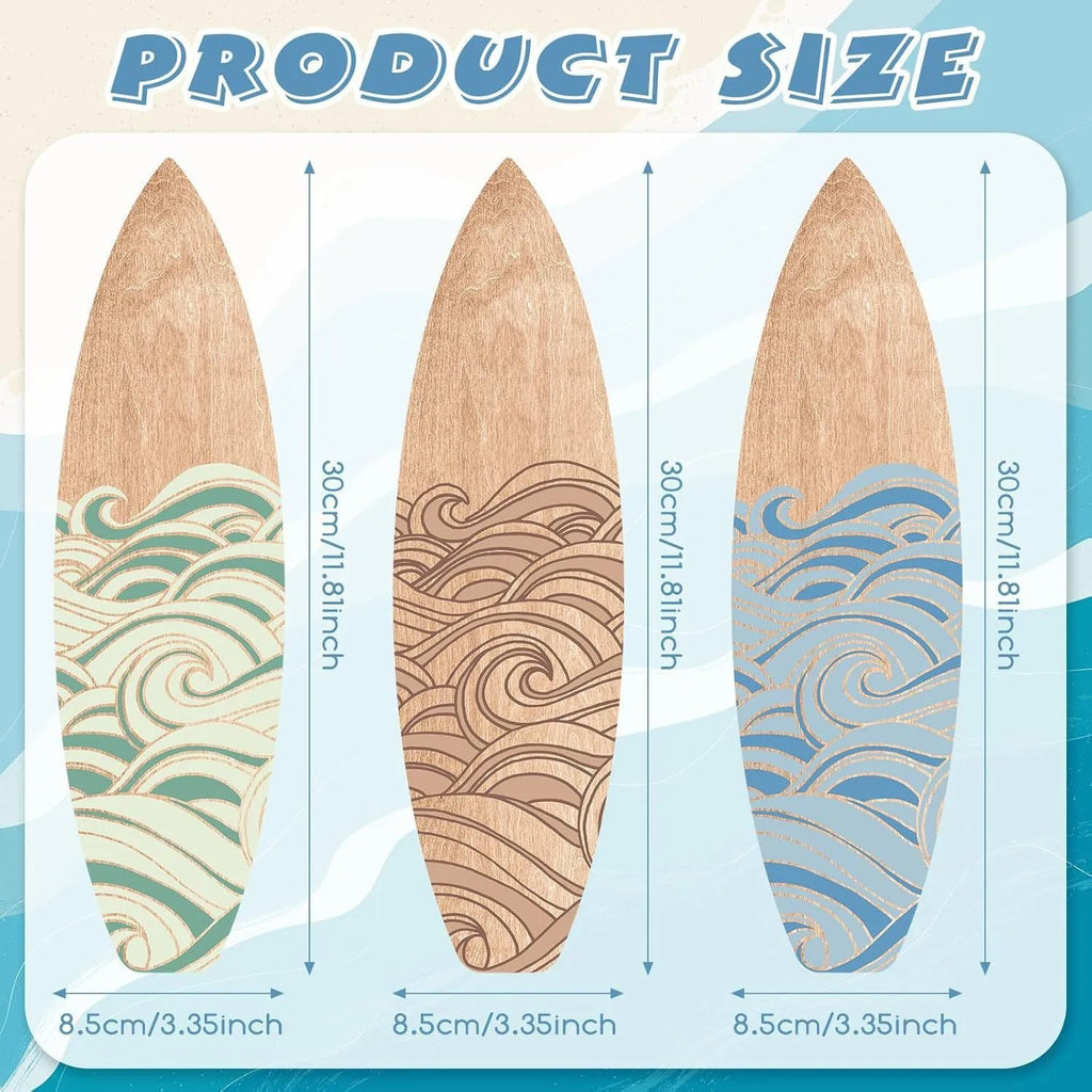 Set of three natural wood surfboard wall decorations on a white background