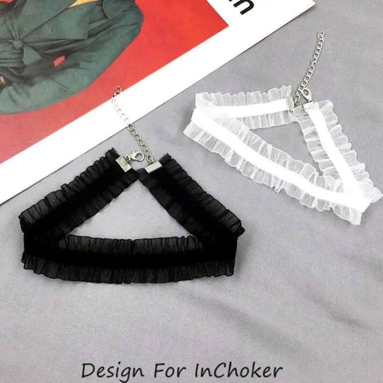 Velvet ruffled alloy flower necklace with snake bone chain in black, light coffee, or white electroplated finish