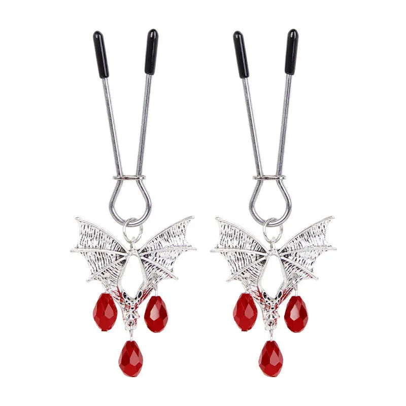 Silver alloy bat nipple clamp and adjustable clitoral clip set with ruby bat design
