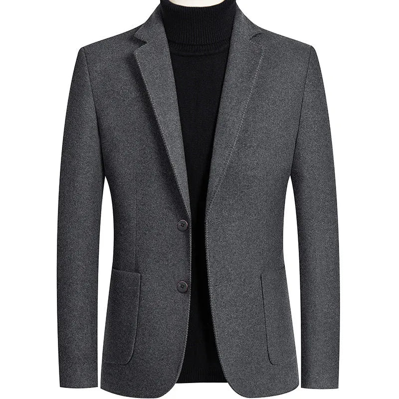 Men's slim fit grey wool suit jacket for autumn winter wear.