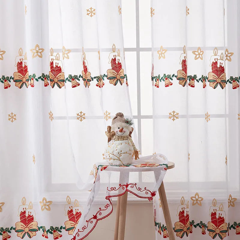 American Christmas curtains with white snowflake embroidery on red polyester fabric