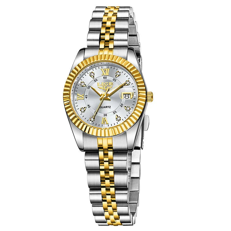 Waterproof women's fashion quartz watch with 10mm thickness in gold and silver colour variations