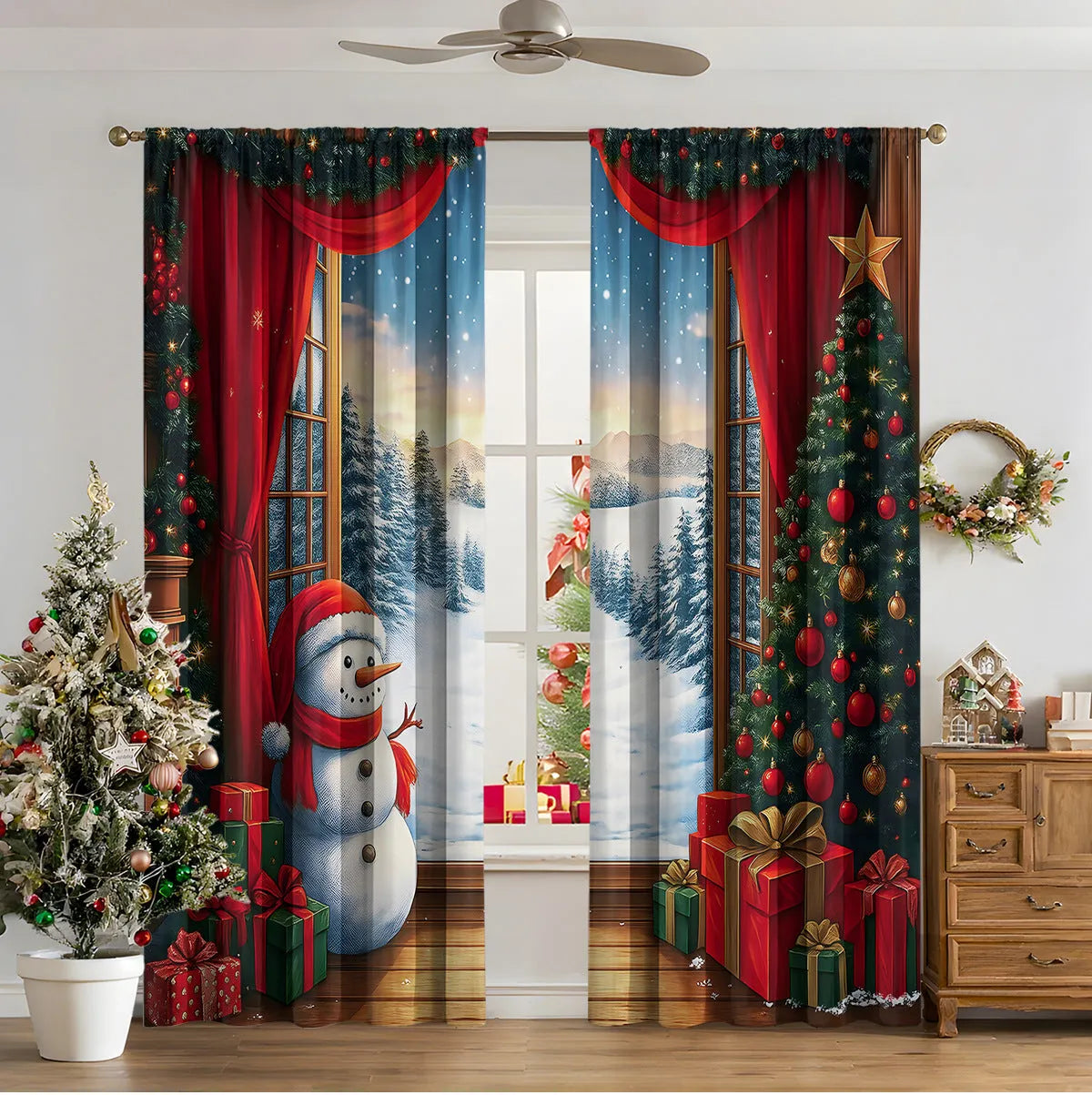 3D digitally printed modern Christmas curtain in a polyester fabric, showing one of fifteen available design styles.