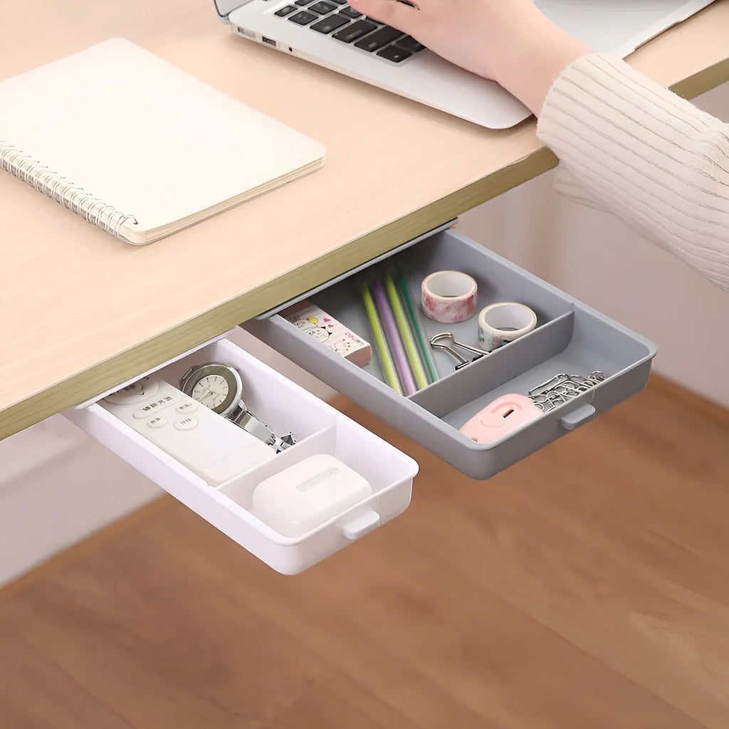 Plastic adhesive under-desk storage drawer with cover in grey, white, orange or yellow