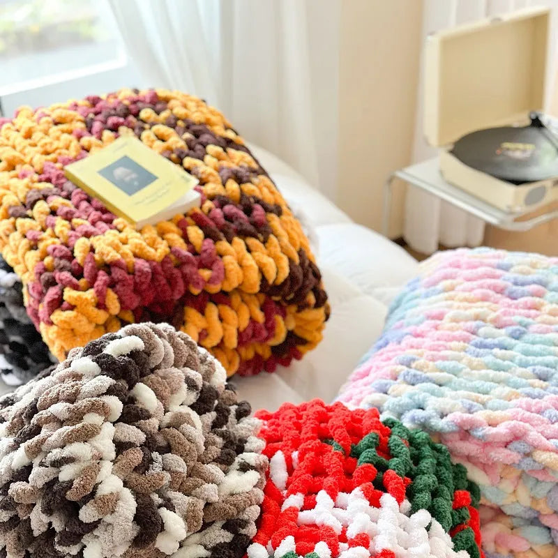 Handmade striped chenille cover blanket in choice of colours, shown laid flat displaying its 130x170cm size.