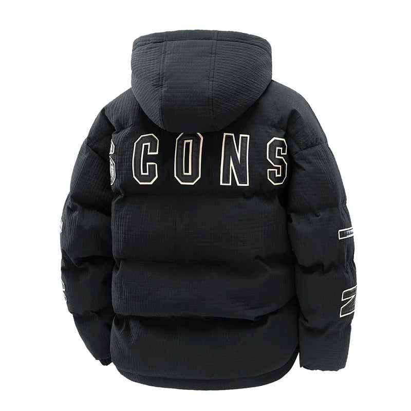 Men's black padded hooded jacket with white letter print detail on the front.