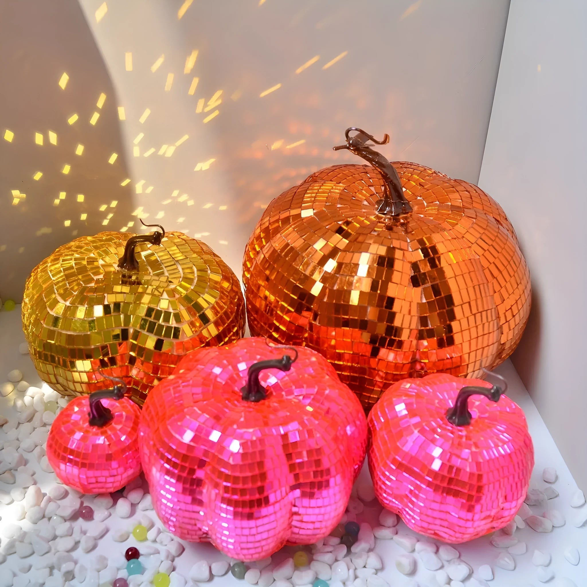 Glass pumpkin Halloween decoration in Chinese style, showing textured embroidered surface