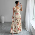 Apricot floral print dress with V-neckline and ruffled sleeves